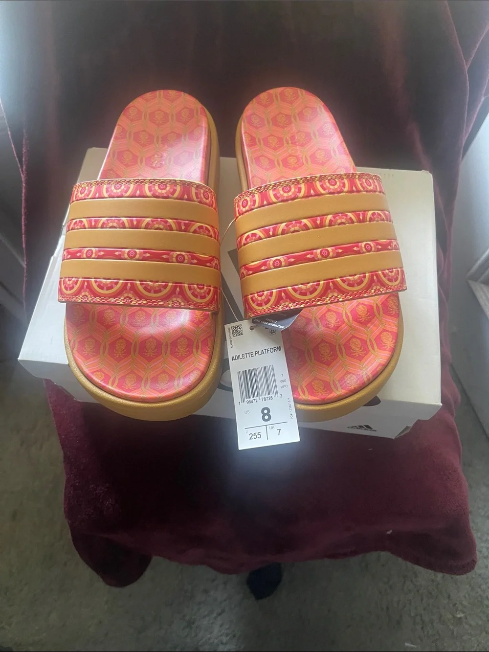 adidas Women's Orange and Pink Adilette Platform Slide Sandals - Picture 1 of 3